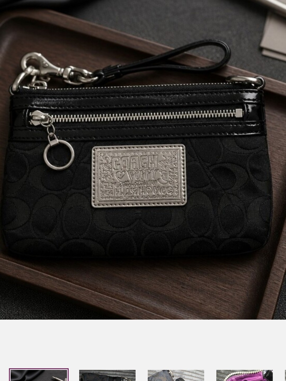 Coach Black Signature Wristlet with Silver Hardware